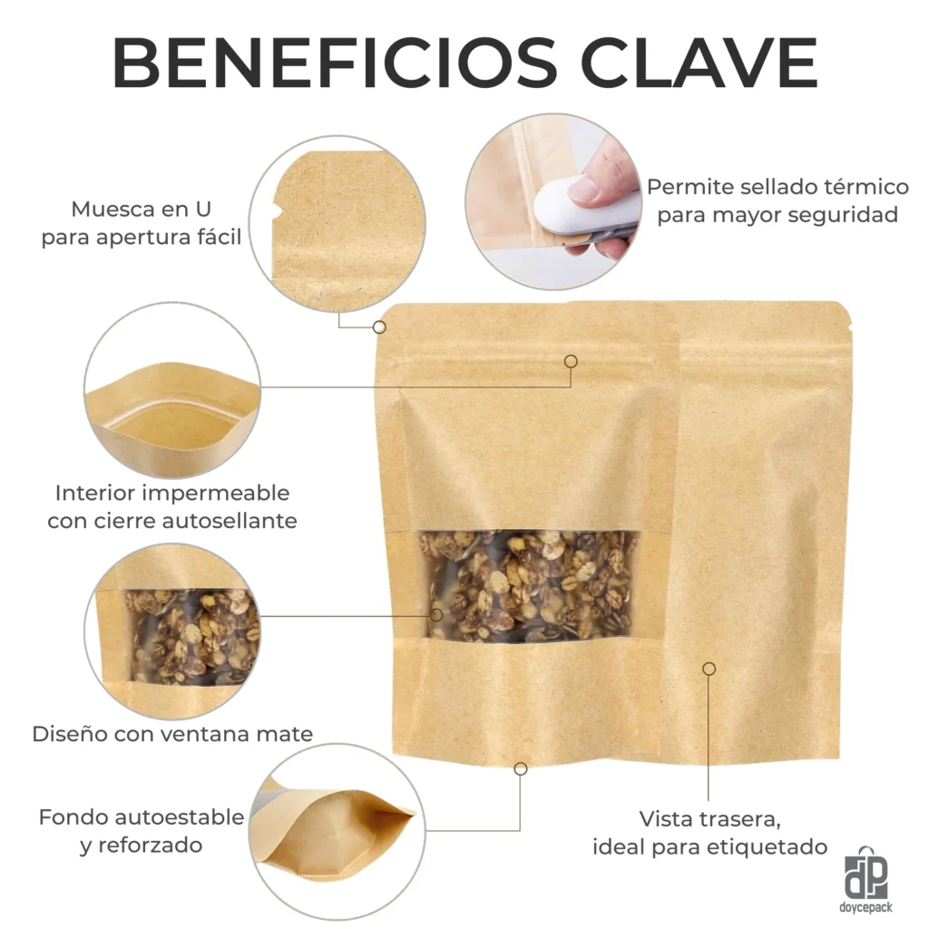 Bolsas Doypack Kraft 10×15 cm 50g con Zipper y Ventana 25 Und - Imagen 3